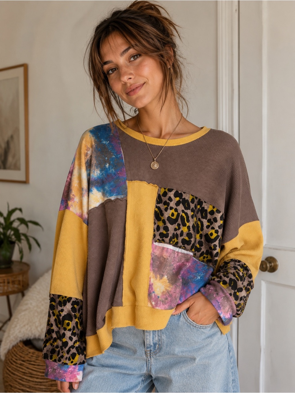 Umgee Patchwork Oversized Long Sleeve